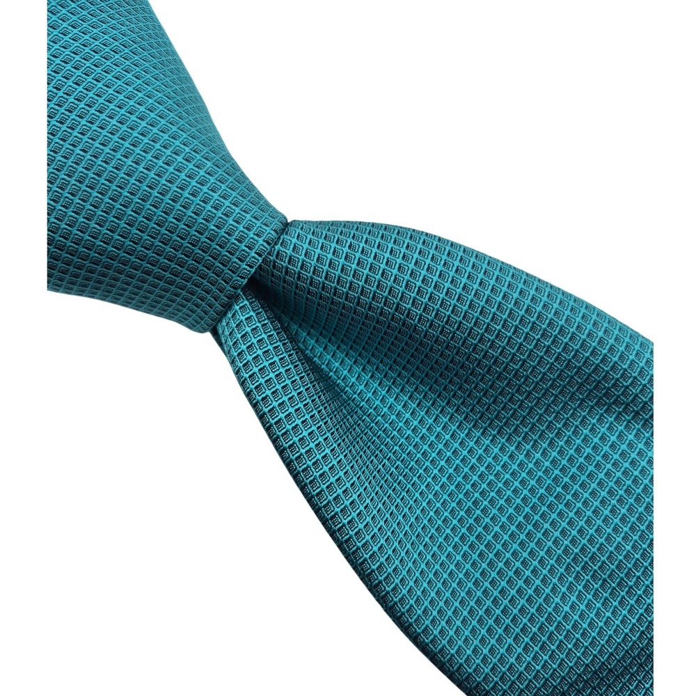 Hugo Boss Mens Teal Blue Green Micro Check Textured Silk Necktie Made in Italy